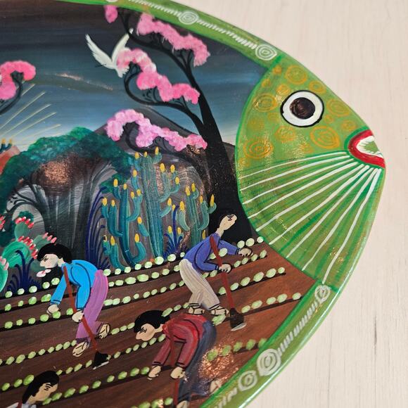 Terracotta Mexican Village Storytell Plate Folk Art Pottery Vintage Hand Paintd - Picture 5 of 7